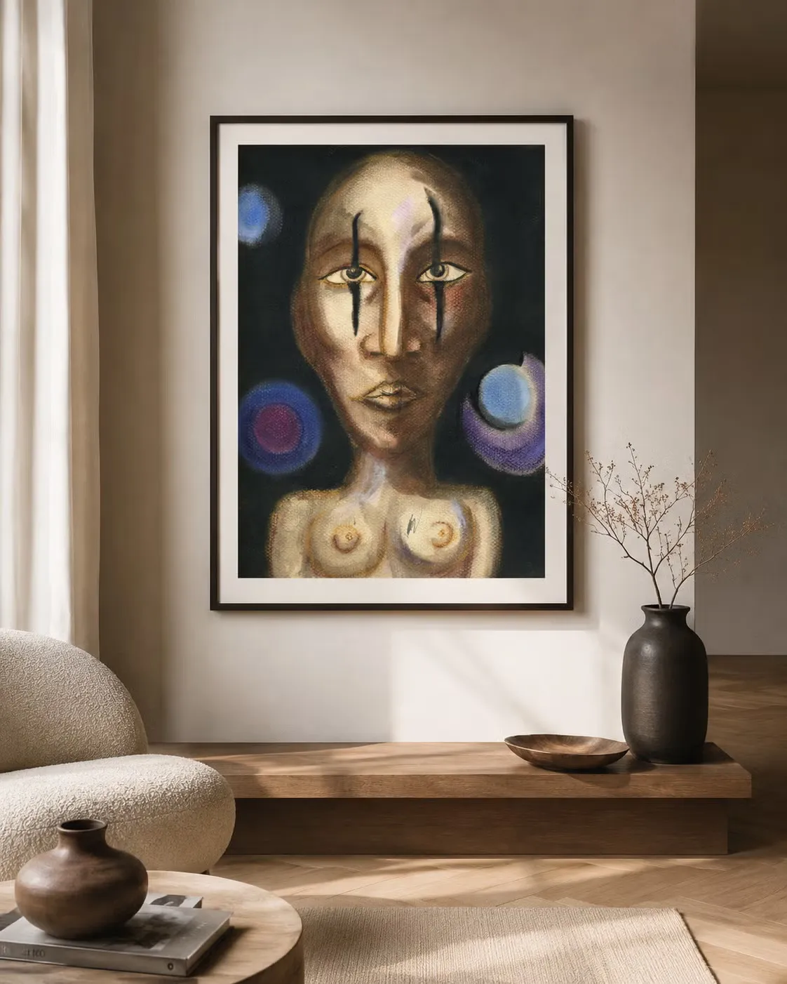 A frontal figure with elongated features and dark brow marks, surrounded by floating blue and violet circles, framed above a wooden bench.